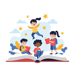 A cheerful flat illustration of three children joyfully reading and playing around a giant open book, surrounded by clouds and stars, symbolizing the magic of learning and imagination