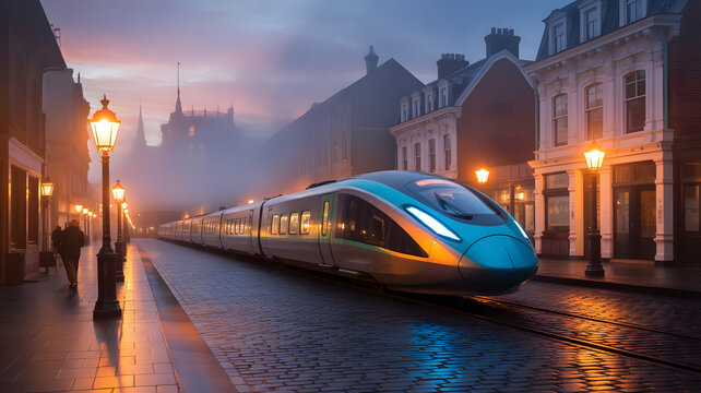 Sleek Train in a Historic City at Dusk
