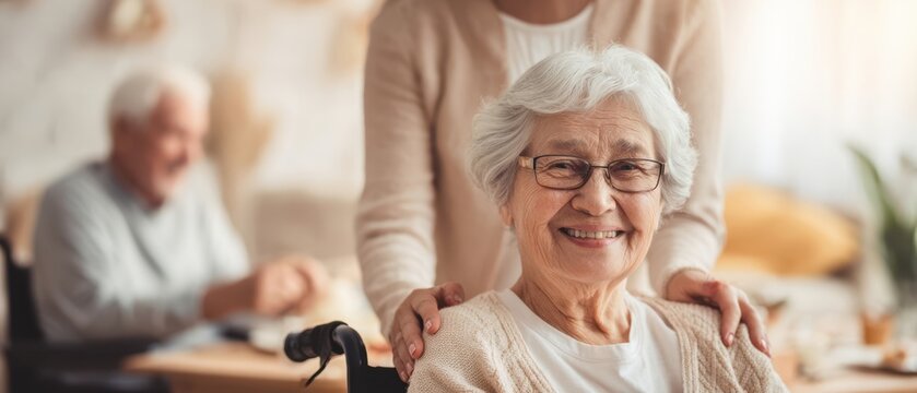 The elderly woman smiling with caregiver in a warm and comforting home setting.