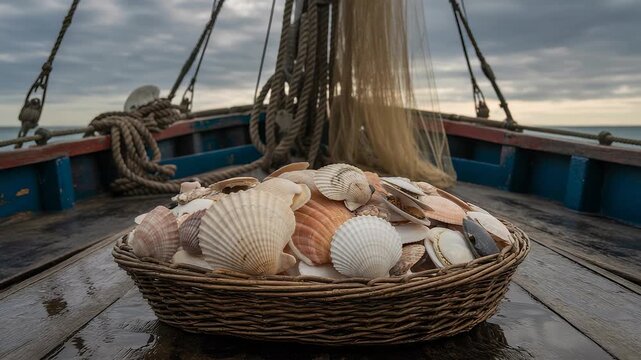 Basket of assorted seashells on wooden fishing boat deck with ropes and nets under cloudy sky during coastal maritime collection trip

