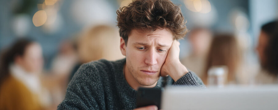 Pensive young man looking at phone, expressing sadness or worry. Could represent technologys impact, loneliness, or bad news. Perfect for emotional, social issues themes.