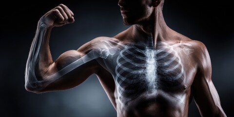 A man flexing his arm with an x-ray of his strong bones and skeleton showing. Human anatomy and body strength for health care.