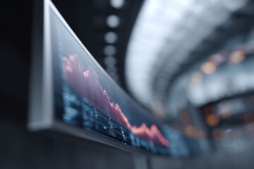 Modern monitor displaying a downward trending graph. Conceptual of financial loss, stock market crash, or economic downturn.  Use for business, finance, or technology themes.