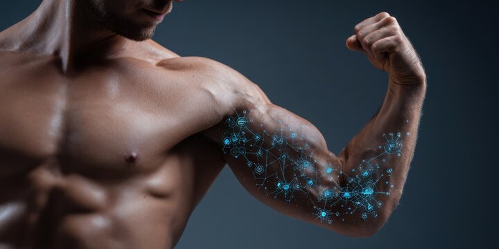 Man flexing bicep with digital network overlay. Human body augmented with technology for health and performance monitoring.