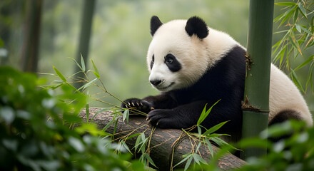 Obraz premium A panda sits on a tree branch eating bamboo leaves calmly