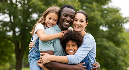 Fototapeta premium Happy multiracial family smiling and hugging outdoors in a green park setting
