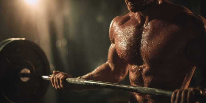 Male bodybuilder lifting bar in dark gym. Athlete with strong muscule and sweat. Training and fitness concept for sport.