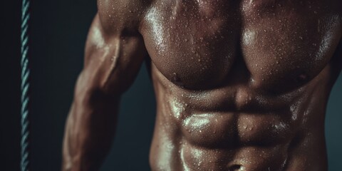 Male athlete with sweat on muscular body. Strong man after intense workout. Fitness and bodybuilder concept for healthy lifestyle.