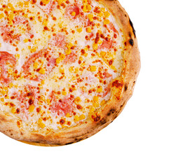 Freshly baked pizza with cheese and corn on a wooden table