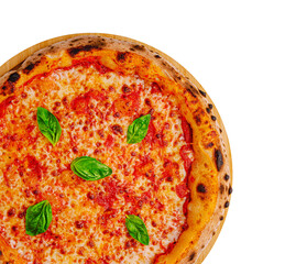 Freshly baked margherita pizza with basil leaves on wooden board