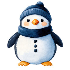 Fototapeta premium Adorable watercolor penguin wearing a cozy hat and scarf isolated on transparency PNG background, ideal for winter-themed designs, greeting cards, or children's illustrations