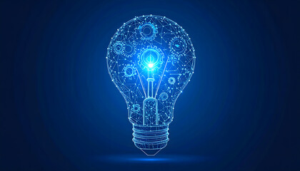 Digital innovation concept with a glowing lightbulb formed by intricate connected lines and gears.
