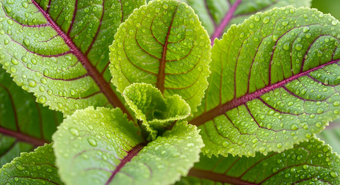 Close up of green lettuce leaves with red veins and water drops