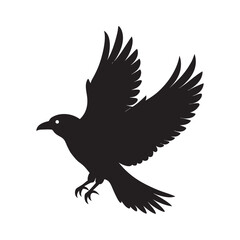 Fototapeta premium A stark black silhouette of a raven in flight with wings spread wide against a clean white background