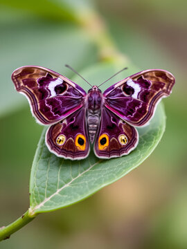 Closeup on the Purple Thorn geometer moth, Selenia tetralunaria, sitting on a green leaf with open wings
