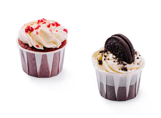 Delicious red velvet and cookies and cream cupcakes displayed together