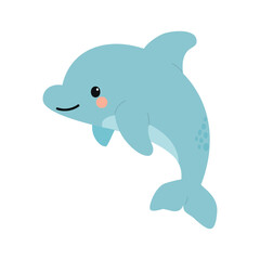 A cute cartoon dolphin swimming happily in the ocean. The dolphin is light blue with a smiling face and a playful expression.