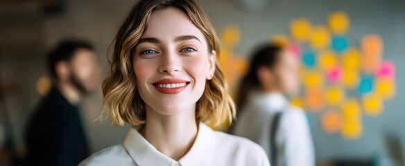 The confident woman smiling in a modern office environment with team backdrop.