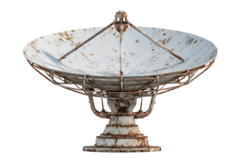 Old rusty satellite dish antenna isolated on transparent background