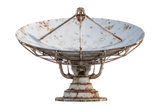 Old rusty satellite dish antenna isolated on transparent background