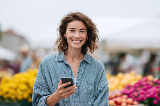 Smiling woman with a phone at a colorful outdoor market. Perfect for lifestyle, technology, agriculture, or seasonal promotions. Authentic, vibrant, and engaging.
