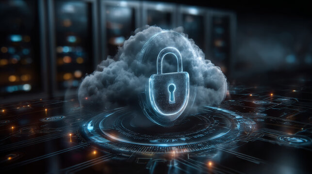 Cloud security. Businessman touching interface and cloud security, cyber defense infrastructure, digital data protection, network compliance management, secure communication concept.