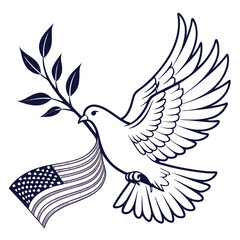 A dove carrying an american flag and an olive branch symbolizing peace and patriotism
