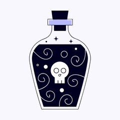 A spooky potion bottle with a skull and swirling designs sealed with a dark stopper and light blue band