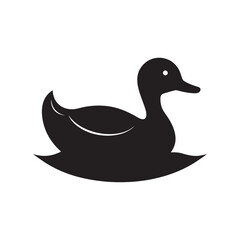 A simple black silhouette of a duck floating gracefully on water with a white eye detail