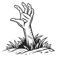 Creepy zombie hand emerging from the ground with grass and dirt in a black and white illustration