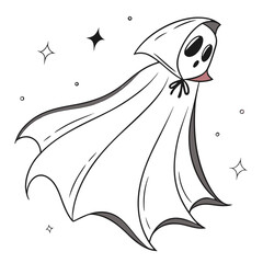 Fototapeta premium Cute cartoon grim reaper with a flowing black cloak and starry night background