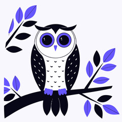 Cute cartoon owl with big blue eyes perched on a dark branch with purple and black leaves