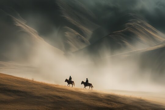 Dos jinetes cabalgan al atardecer a trav&eacute;s de un paisaje desolado bajo un cielo tormentoso.