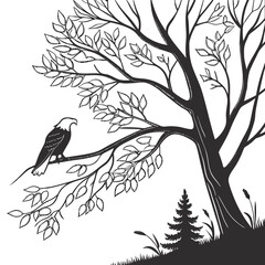 Majestic bald eagle perched on a bare tree branch with delicate leaves and a small pine tree below