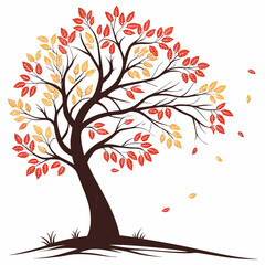 Fototapeta premium Stylized autumn tree with red and yellow leaves falling against a white background