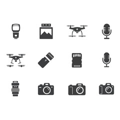 Art of collection of photography and audio equipment icons isolated on white background