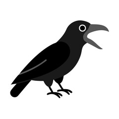 Fototapeta premium Stylized flat illustration of a black crow with its beak open against a solid black background