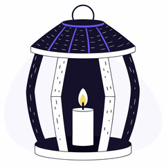 Stylized illustration of a dark lantern with a lit white candle inside casting a warm glow