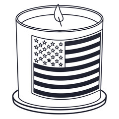 Stylized illustration of a candle with the american flag design on its label and a lit wick