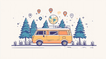 Minimalist sketch of van life scene with trees and map pin icons