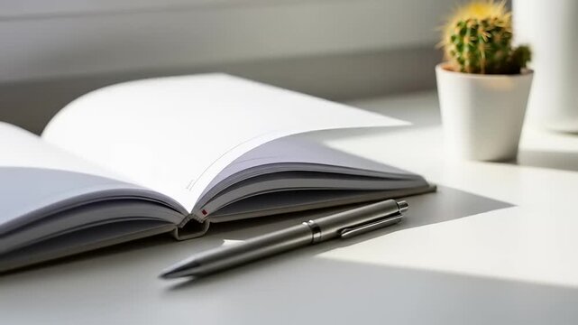 Open notebook and pen on a sunlit desk with a small cactus in the background, creating a serene workspace