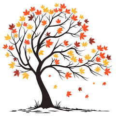 Fototapeta premium Stylized silhouette of a maple tree with falling leaves in autumn colors on a white background