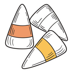 Three classic candy corn confections with distinctive orange and yellow bands and black outlines