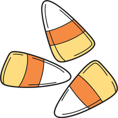 Three classic halloween candy corn pieces arranged in a visually appealing cluster on a white background