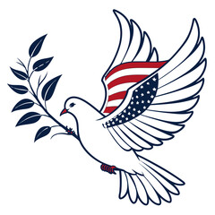 Symbolic dove with american flag wings carrying a branch with leaves representing peace and patriotism
