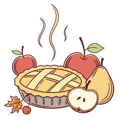 Warm and delicious homemade apple pie surrounded by fresh apples and pear with autumn leaf