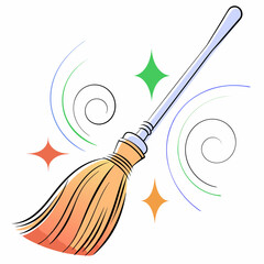 Whimsical cartoon broom with sparkling stars and swirling lines suggesting cleaning magic