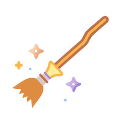 Whimsical cartoon broomstick with magical sparkles and stars on a black background
