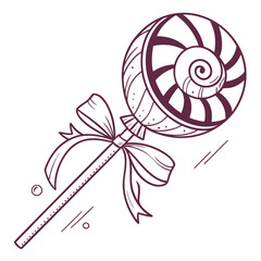 Whimsical swirl lollipop with a decorative bow on a stick isolated on white background
