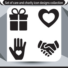 Obraz premium Care and Charity Icons Collection Diverse Symbols of Generosity Support Gift Handshake Heart in Hand Helping